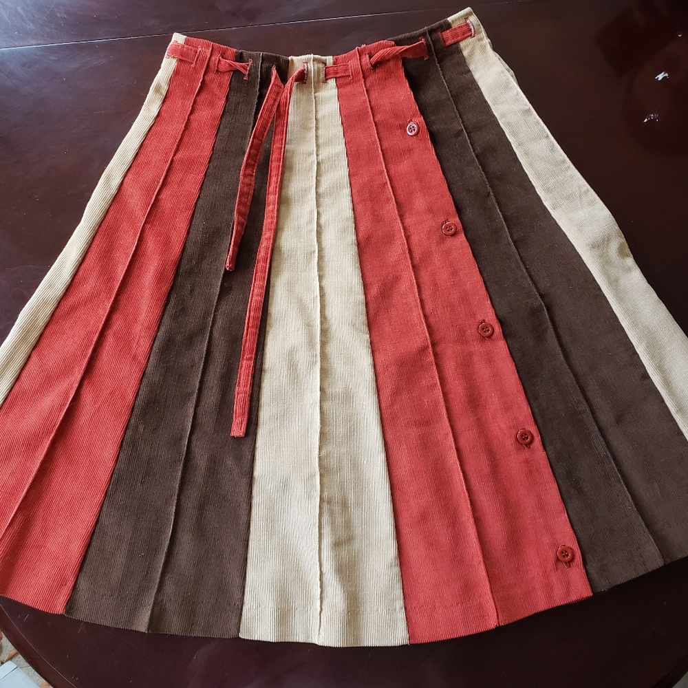 Vintage 70s MEADOWBANK Striped Pleated A-Line Colorblock Corduroy Skirt Size M